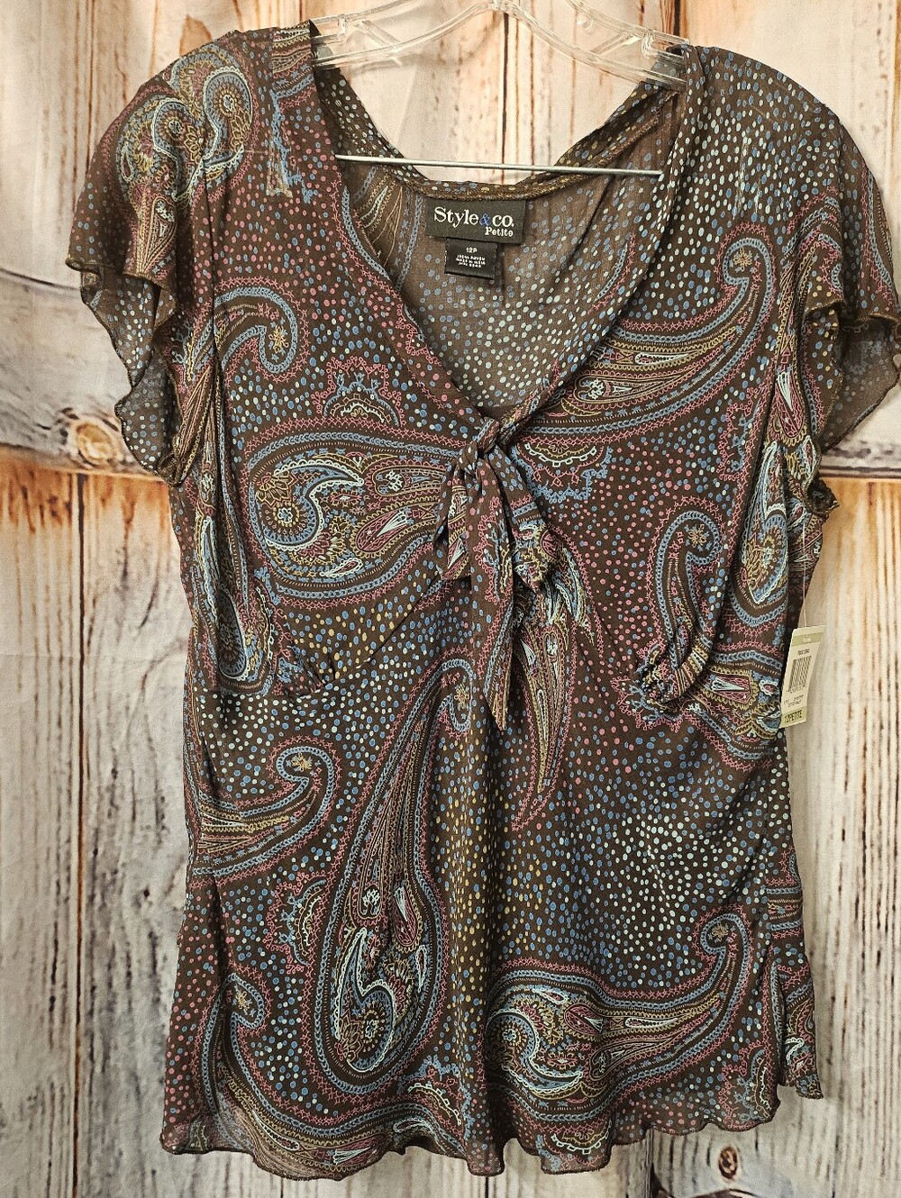 Style & Co. Brown Paisley Tie-Front Short Sleeve Blouse